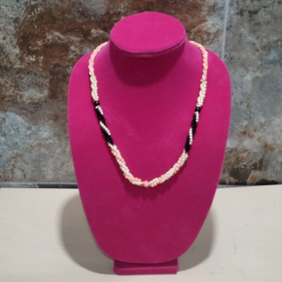 Multi Strand Beads Necklace Two Twisted Strands Pink Black White Beads - Picture 2 of 10